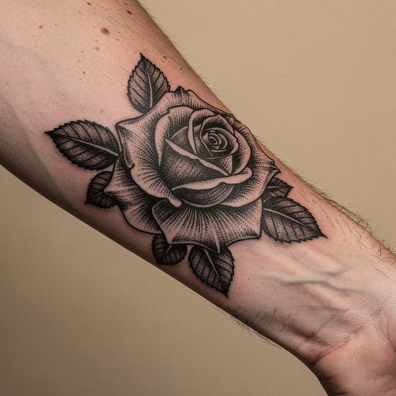 Blackwork rose tattoo on skin